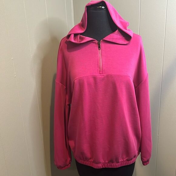Rachel Zoe fuschia stretch scuba fabric 1/4 zip hoodie. Elastic hem & cuffs. Sm - Picture 1 of 7